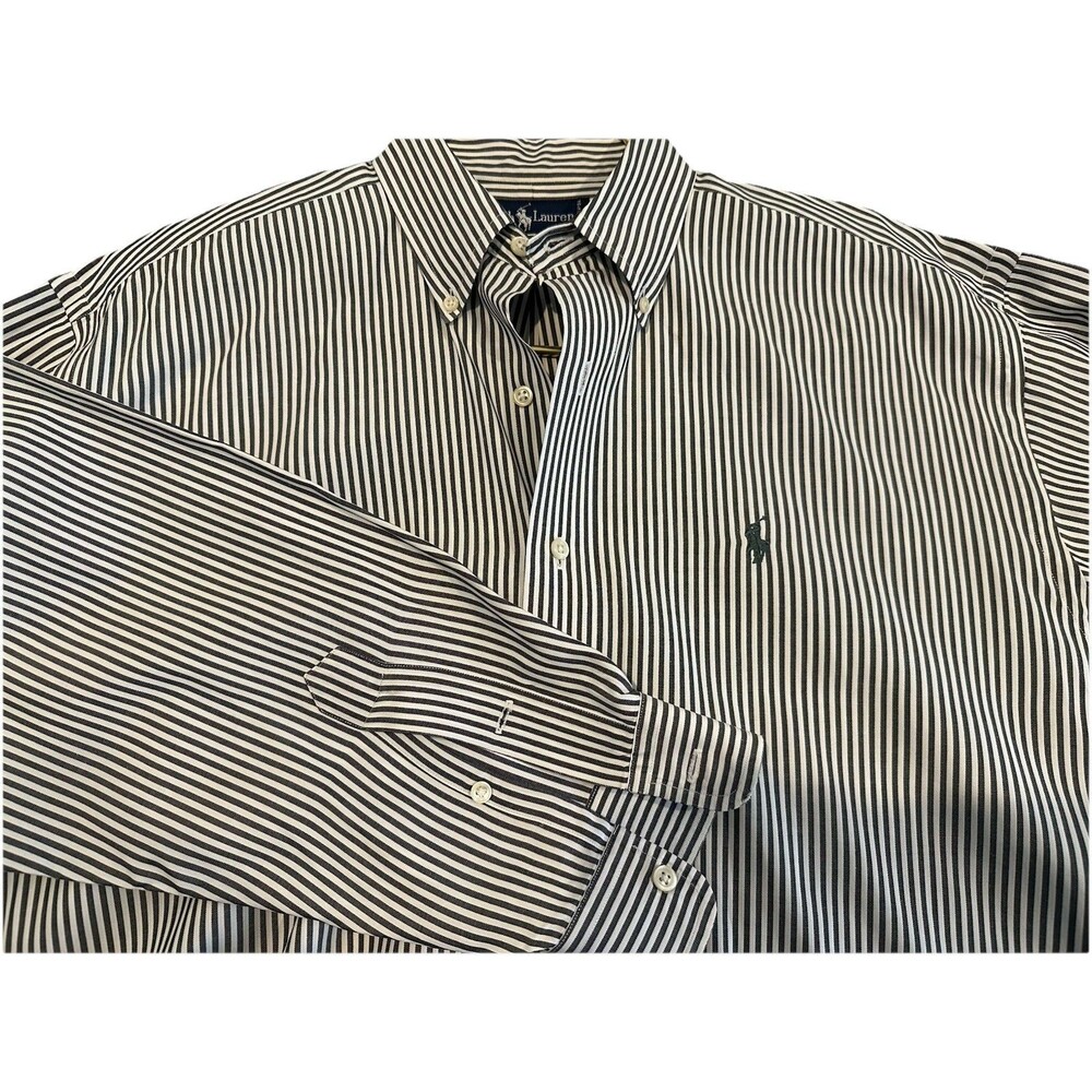 Ralph Lauren Black & White Stripe Green Pony LS Mens Button Down, sz M, 100% C